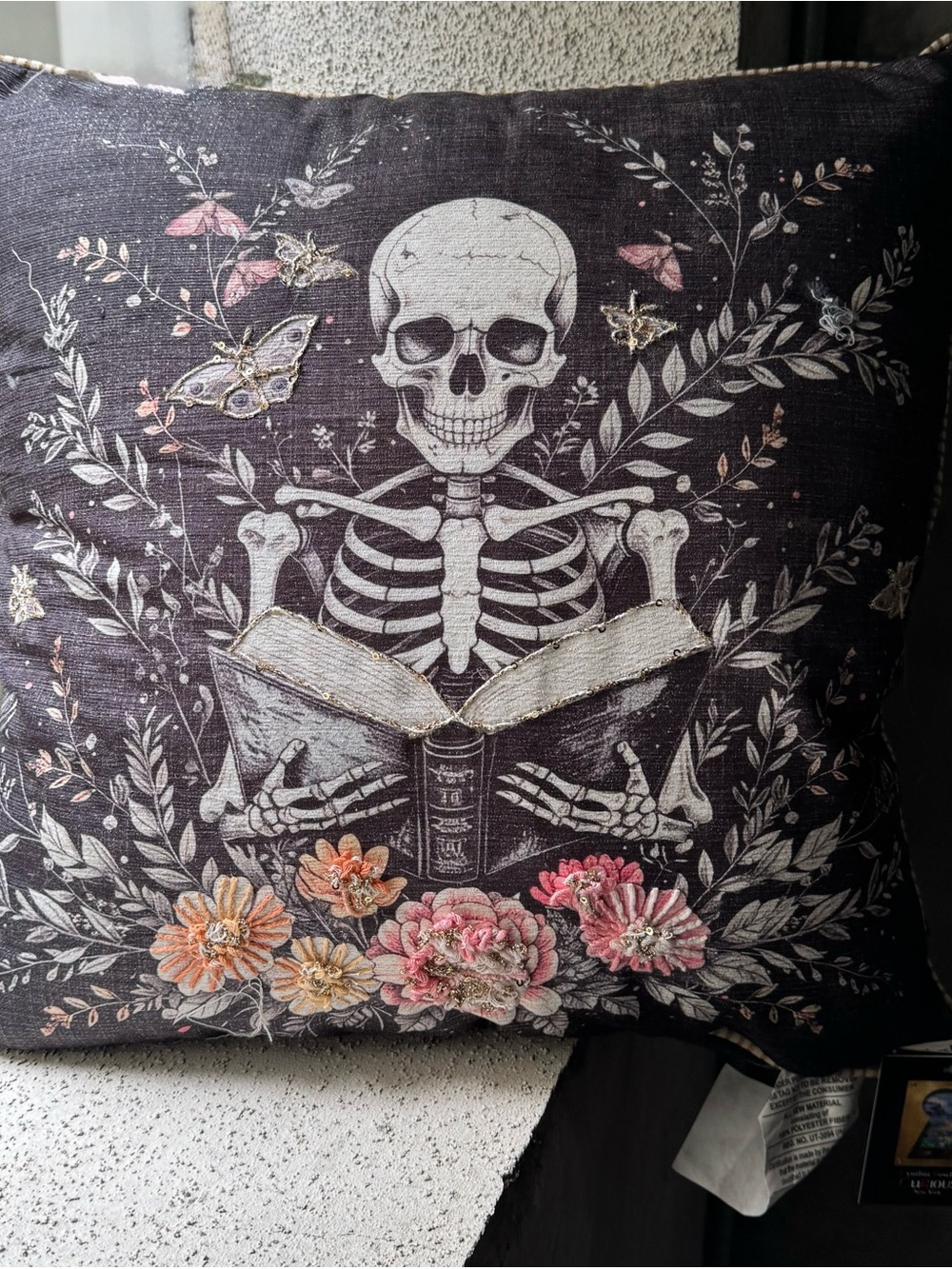 Embroidered Skeleton Reading Wall Art Pillow